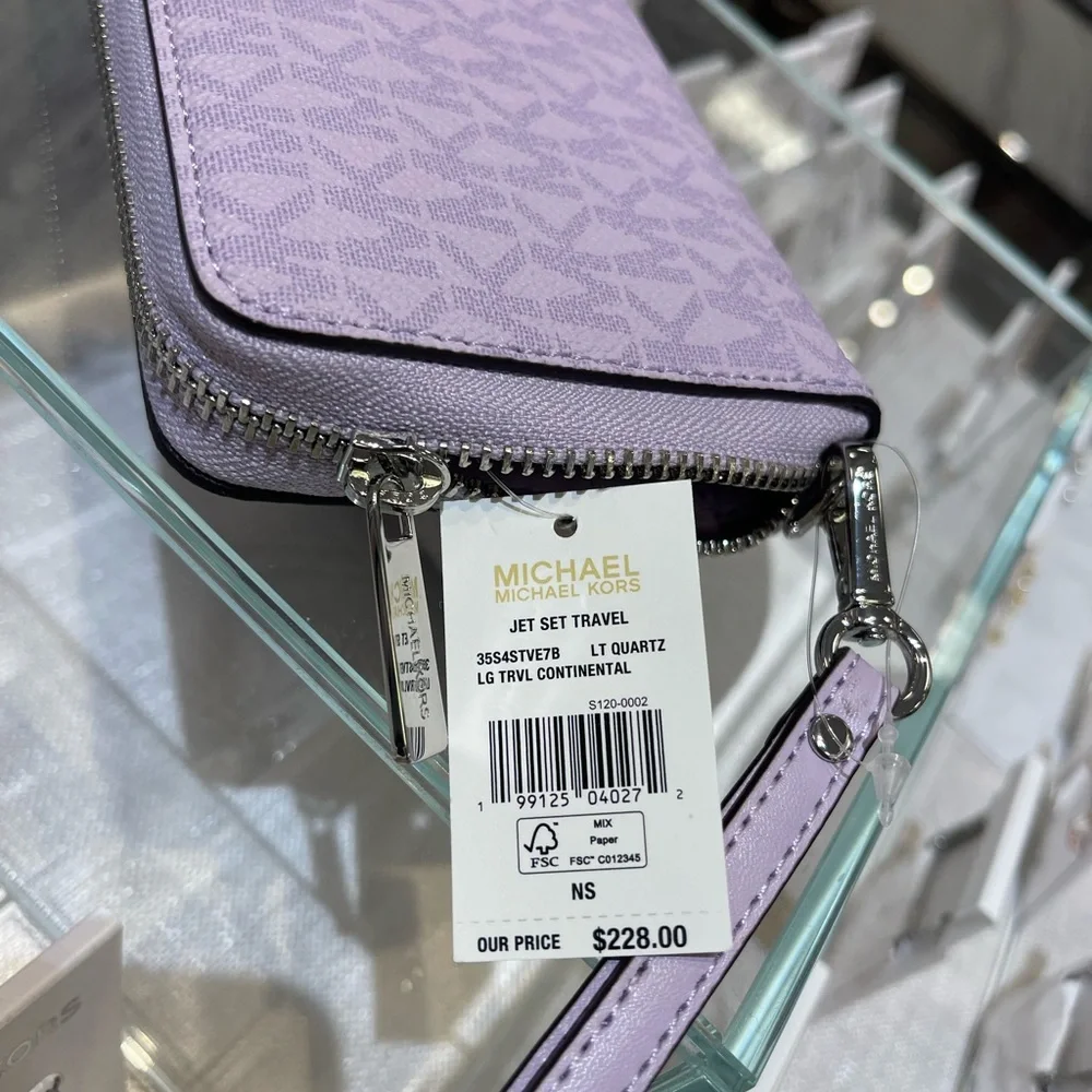 MICHAEL KORS Jet Set Large Signature Logo Continental Wallet Wristlet Lt Quartz - Picture 7 of 16
